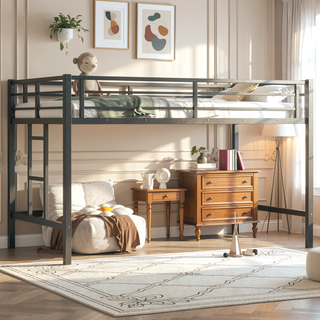 Sunvega Twin Size Metal Loft Bed with Storage Shelf and Safety Guardrails for Kids