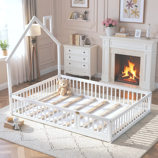 Sunvega White Wood House Platform Bed with Guardrail for Kids Full Size
