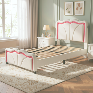 Sunvega Pink Twin Size Upholstered Bed with Height-Adjustable Headboard and LED Light Strips
