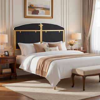 Sunvega Gold Steel and Cream Velvet Upholstered Queen Headboard with Tufting