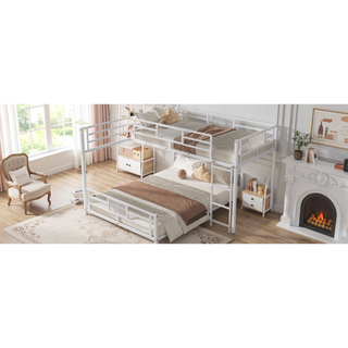 Sunvega L-Shaped Metal Twin Over Full Bunk Bed with Guard Rails