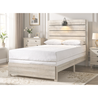 Sunvega Traditional Rustic Style Weathered Cream White Full Size Platform Bed with Lamps