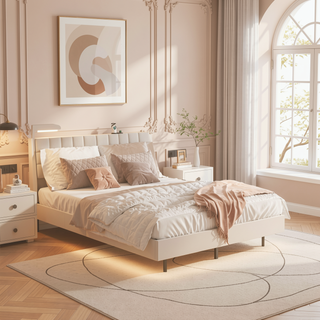 Sunvega King Floating Bed Frame with LED Light and Charging Station Upholstered Platform