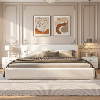 Sunvega Upholstered Bed with Padded Headboard and Wooden Slat Frame in White