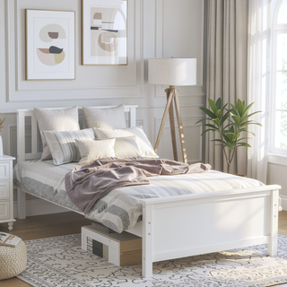 Sunvega White Twin Size Wood Platform Bed with Headboard and Sturdy Wood Slat Support