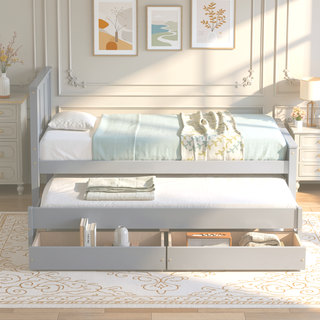 Sunvega Twin Size White Platform Bed with Trundle and Two Drawers for Storage