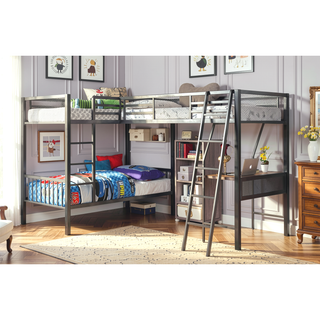Sunvega Contemporary Silver Grey And Black Metal L-Shaped Triple Bunk Bed