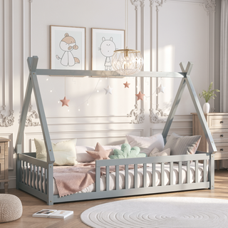 Sunvega Twin Tent Teepee Bed with Guardrails Slats and Door in Grey