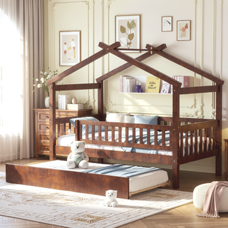 Sunvega Twin Size Wooden House Bed with Trundle and Headboard in Walnut