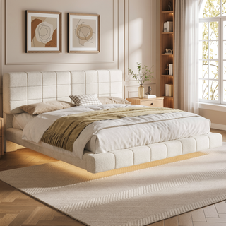 Sunvega King Boucle Floating Bed with Lights and Anti-Collision Corners