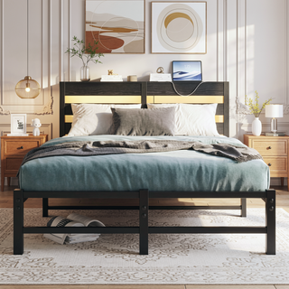 Sunvega Twin Size Heavy Duty LED Bed Frame with USB Charging and Headboard