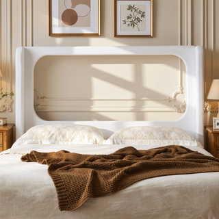 Sunvega Minimalist Upholstered Wingback Bed Frame with 54 Inch Headboard in Textured Ivory Canvas Chenille