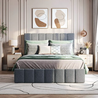 Sunvega Upholstered Platform Bed with Hydraulic Storage System in White Linen
