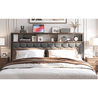 Sunvega Queen Bed Frame with Vintage Shelf Headboard and USB Charging Station