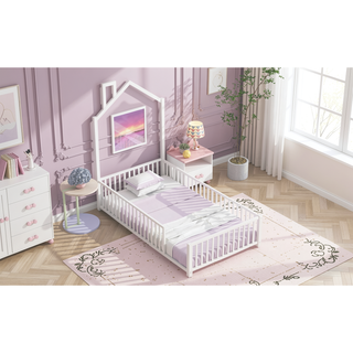 Sunvega White Twin Size House Platform Bed with Guardrail and Chimney
