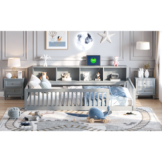 Sunvega White Wood Twin XL Floor Bed with Storage Cabinets and USB Charging Ports