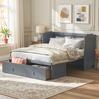 Sunvega Espresso Full Size Murphy Bed with USB Port and Large Drawer for Space Saving