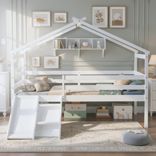 Sunvega Twin Low Loft House Bed with Slide Ladder Safety Guardrails and Roof Frame