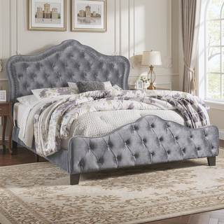 Sunvega Grey Velvet Upholstered Queen Panel Bed with Button Tufting and Chrome Nailheads