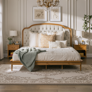 Sunvega Mid-Century Modern King Platform Bed Frame in Caramel Solid Pine Wood