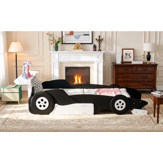 Sunvega Twin Size Race Car Platform Bed with Wheels and Safety Rails