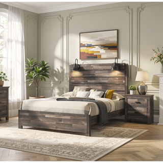 Sunvega Rustic Style Butcher Block Finish Queen Size Wood Platform Bed with Lamps