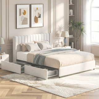 Sunvega Queen Size Ivory Boucle Upholstered Platform Bed with 4 Storage Drawers