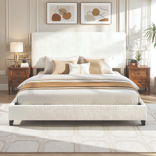 Sunvega King Size White Boucle Upholstered Platform Bed with Padded Headboard