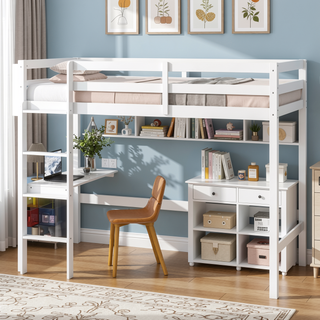 Sunvega Pink Rubber Wood Twin High Loft Bed with Safety Guardrail and Built-in Desk
