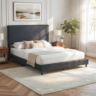 Sunvega King Size Upholstered Faux Leather Platform Bed with Low Profile Design