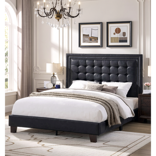 Sunvega Queen Size Bed with Biscuit Tufting Headboard and Wooden Legs in Black Espresso