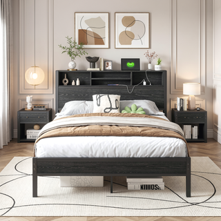 Sunvega Twin Size Bed Frame with Storage Headboard, Charging Station, and Bookcase