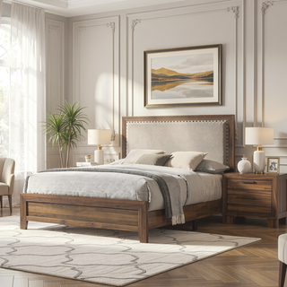Sunvega Brown Cherry Finish Contemporary Fabric Panel Bed in One Box