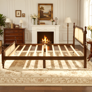 Sunvega Queen Pine Wooden Bed with Rattan Headboard and Footboard for Bedroom
