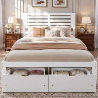 Sunvega White Full Size Platform Bed with Drawers for Extra Storage