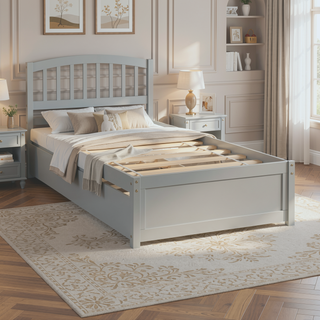 Sunvega Twin Size Gray Wood Platform Bed Frame with Trundle for Maximized Space