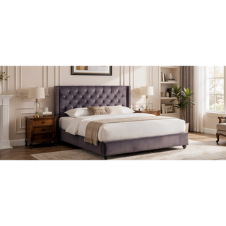 Sunvega Chic Gray Queen Upholstered Bed with Padded Headboard and Sturdy Frame