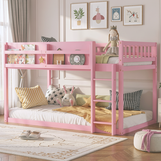 Sunvega Low Twin Over Twin Solid Wood Bunk Bed with Ladder for Kids & Juniors