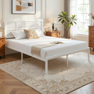 Sunvega White Faux Cane Panel Headboard King Platform Bed with Metal Frame