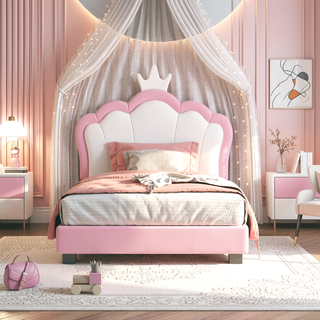 Sunvega Cream Pink Full Size Princess Bed with Crown Headboard and Footboard