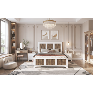 Sunvega White Farmhouse Queen Platform Bed with Wooden Strip Decoration and Plywood Slats