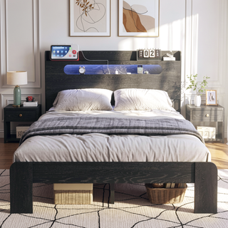 Sunvega King Size Wood Platform Bed Frame with Storage Headboard and 2 USB Ports