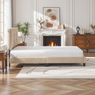 Sunvega Light Brown Velvet Upholstered Queen Platform Bed with Adjustable Height Headboard