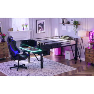 Sunvega Gaming Mid Loft Bed with Desk, LED Lights, Twin Size in Black