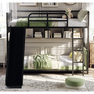 Sunvega Metal Bunk Bed with Slide Ladder and Safety Guard Rails for Kids