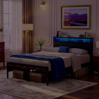 Sunvega Queen Size Metal Platform Bed Frame with Adjustable Upholstered Headboard and LED Lights
