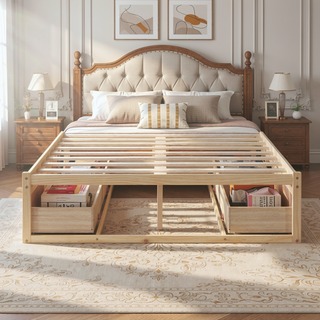 Sunvega Antique Natural Queen Size Platform Bed with 6 Spacious Storage Drawers