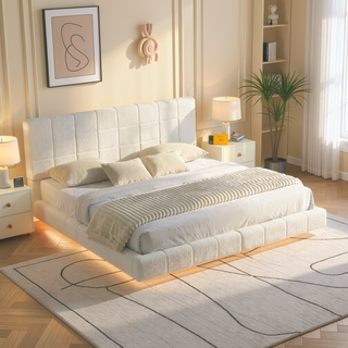 Sunvega King Boucle Floating Bed with Lights and Anti-Collision Corners