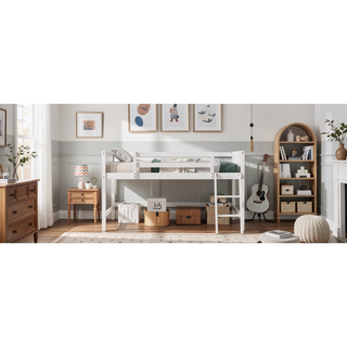 Sunvega White Full Size Low Loft Wood Bed with Convertible Left or Right Ladder