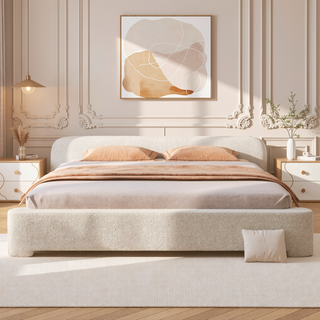 Sunvega Cozy White Bouce Upholstered Bed with Birch Wood Frame for Bedroom